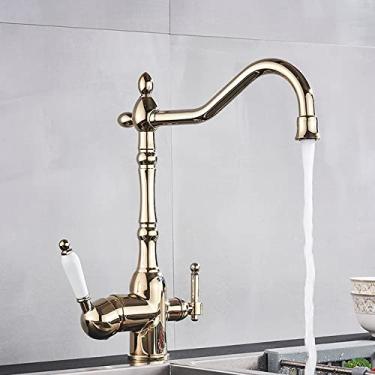 Imagem de Torneira de cozinha com filtro dourado, torneira purificada de água quente e fria, torneira de latão antigo, torneira de pia para cozinha, dourada