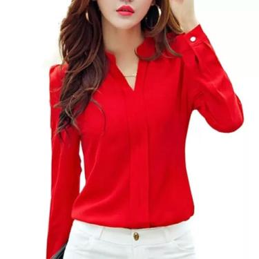 Imagem de ZIRIA Camisa de manga comprida, blusa fina de chiffon, gola V, elegante, para escritório, camisetas básicas, Vermelho, 3XG