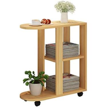 Imagem de Mesa lateral mesa de centro mesa final sofá lateral sala de estar mesa de centro de madeira sobre rodas com 2 prateleiras de armazenamento suporte para tablet, nogueira