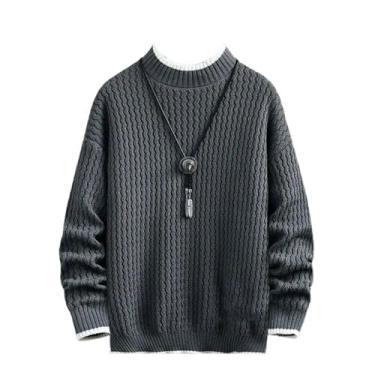 Imagem de Suéteres masculinos ajustados gola redonda macia pulôver masculino grosso quente inverno suéter masculino manga longa, Cinza escuro 9, G