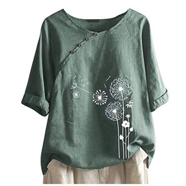 Imagem de Camiseta feminina de verão de algodão e linho casual floral manga curta leve gola redonda camiseta plus size, Ofertas relâmpago verde, XXG