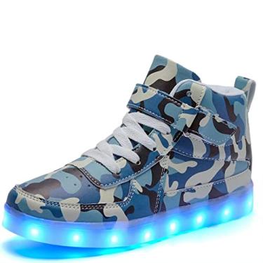 Imagem de Sufuinu Tênis infantil que acende com carregamento USB piscando LED tênis de dança luminoso de cano alto para meninos e meninas infantil unissex, Camuflagem azul, 9.5 Toddler