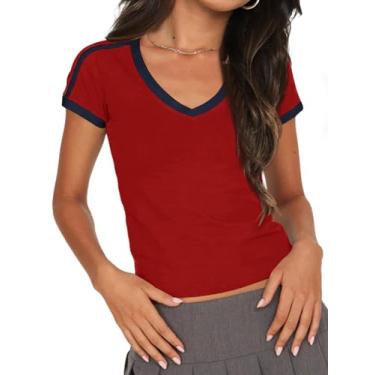 Imagem de Imily Bela Camisetas femininas de manga curta Y2K cropped gola V slim fit patchwork camisetas para sair, Vermelho, G