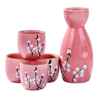 Imagem de Whitenesser Conjunto de saquê de cerâmica japonesa rosa, 1 garrafa de saquê e 4 copos de saquê para amantes de saquê, chá ou decoração de casa
