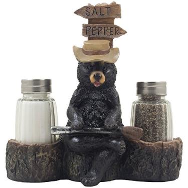 Imagem de Papa Bear Overseeing Shotgun Wedding Salt and Pepper Shaker Set with Decorative Figurine Display Stand in Rustic, Lodge or Cabin Kitchen Decor or Wedding Table Centerpieces As Unique Wedding Gifts