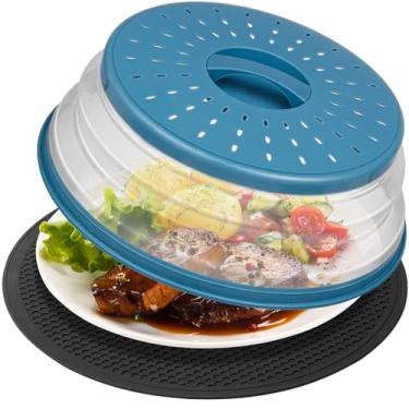 Imagem de 2 em 1, WENWELL Capa de respingos de micro-ondas para alimentos e tapete, tampa de prato de cozinha dobrável ventilada pode ser pendurada, fácil de apertar as mãos, cesta de escorredor, silicone e
