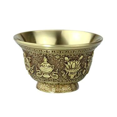 Imagem de sleeri Tigela de oferta de água budista - copo de oferta de água de latão esculpido, altar de meditação tibetana, tigela de oferta budista para meditação de ioga suprimentos de altar (P)