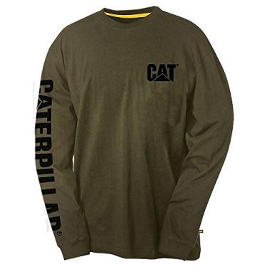 Imagem de Caterpillar Camiseta masculina de manga comprida com faixa de marca registrada com alça de gerenciamento de arame e logotipo de gato, Cebolinha, M