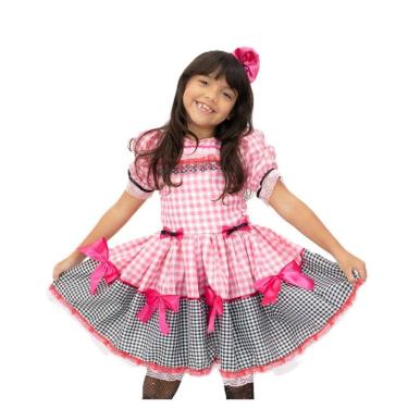 Imagem de Vestido Infantil São João Rosa Pink Festa Junina com Tiara