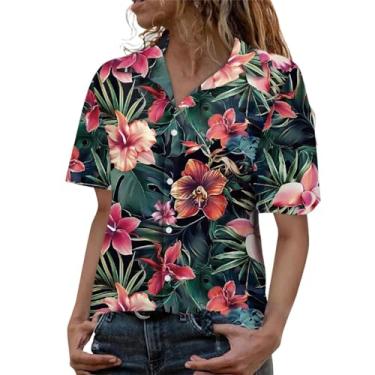 Imagem de Blusa feminina havaiana de botão, manga curta, estampa tropical, verão, praia, túnica casual, nº 45 - vermelho, G