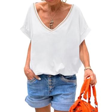 Imagem de Tankaneo Camisetas femininas com gola V profunda, casual, verão, caimento solto, manga curta, Branco, P
