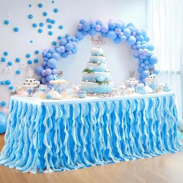 Imagem de Partisky Saia de mesa azul oceano tule tutu babados salgueiro encaracolado para mesa retangular 4,3 m, toalha de mesa sob o mar tema tubarão bebê para meninos meninas festa de aniversário ou chá de