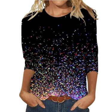 Imagem de Camiseta feminina com estampa de lantejoulas manga 3/4, gola redonda, casual, folgada, roupas elegantes e modernas, Caqui, P