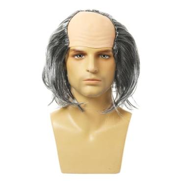 Imagem de kowaku Velho homem careca peruca boné traje festa peruca halloween cosplay careca cientistas loucos peruca para casamentos festas temáticas concertos favores, cabelo liso grisalho