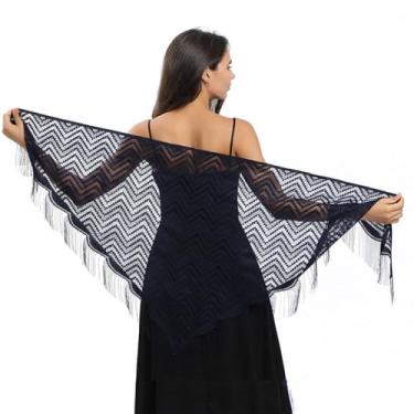 Imagem de Lenço triangular de renda de cor pura feminino vestidos de noite xale malha oca nupcial dama de honra festa de casamento xale senhora capas envoltórios, azul marinho
