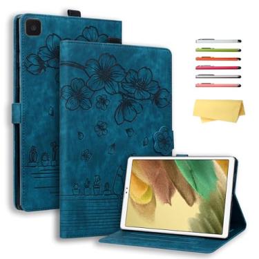 Imagem de UUcovers Capa para Samsung Galaxy Tab A7 Lite 22.1 cm 2021 (SM-T220/T225/T227) com suporte/porta-lápis/bolsos/fecho magnético flor em relevo couro PU capa carteira fólio, flor de cerejeira azul gato