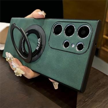Imagem de Capa de celular com suporte magnético forte de couro de pele fosca para Samsung S24 Ultra S23 S22 S21 Plus A73 A72 A55 A54 A53 A52 A51 A32, verde escuro, para Galaxy S21Plus