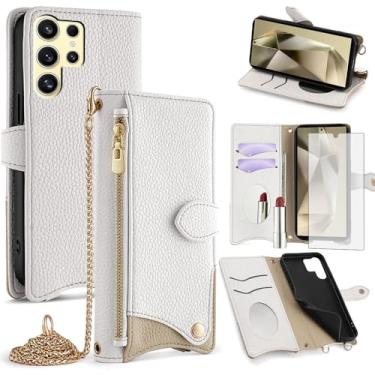 Imagem de Asuwish Capa de celular para Samsung Galaxy S24 Ultra 5G Capa carteira com protetor de tela de vidro temperado e capa flip espelhada com suporte para cartão com alça transversal S24Ultra 24S S 24