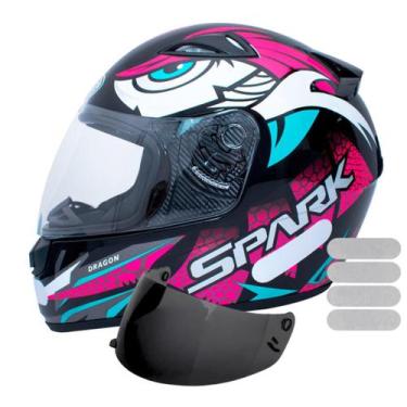 Imagem de Capacete Ebf Spark Dragon Preto Rosa Mais Viseira Fumê e Adesivo Branc