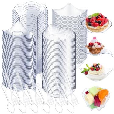 Imagem de Conjunto de mini pratos de sobremesa de plástico transparente, 400 unidades, mini pratos de aperitivo, formas sortidas, tigelas de sobremesa transparentes com colheres e garfos, bandeja de plástico descartável para festa de casamento (estilo elegante)