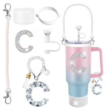 Imagem de Stanley Cup Accessories 850.5 g 1,134.0 g Glitter Silver, capa de canudo de diamante, pingente de letra, adesivo de letra, bota de silicone, suporte com alça incluído para copo Stanley
