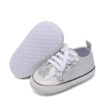 Imagem de Tênis unissex para bebês meninas meninos infantil sola macia lona recém-nascido primeiros andadores cano alto antiderrapante, A12/lantejoulas, prata, 0-6 Meses