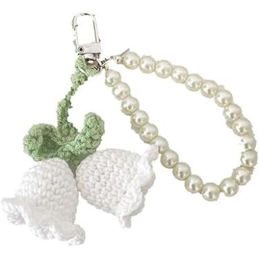 Imagem de ZhangyiHot Chaveiro de corrente de pérola criativa branca com pingente de flor de malha chaveiro orquídea de sino de malha berloque cordão de pérola ornamentos chaveiros e chaveiros femininos (ZS641),