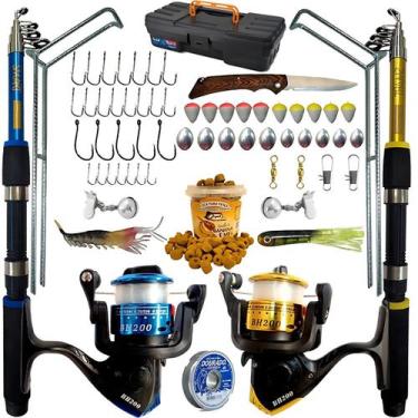 Imagem de 2- Kit De Pesca P/ 4kg De Peixe Vara + Molinete E Acessórios Cor Azul/