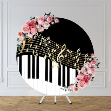 Imagem de CHNYWORK Capa de fundo redonda com tema de piano de 2 x 2 m, notas musicais douradas, teclado de piano, fundo preto e branco, tema musical, festa, aniversário, chá de bebê, decoração de cabine