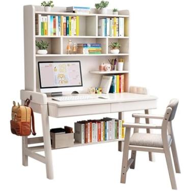 Imagem de Mesa de madeira maciça com estante integrada, ideal para escritório em casa ou quarto (cor: nogueira + cadeira A, tamanho: 120 x 60 x 186 cm), branco + cadeira B, 80 x 60 x 186 cm