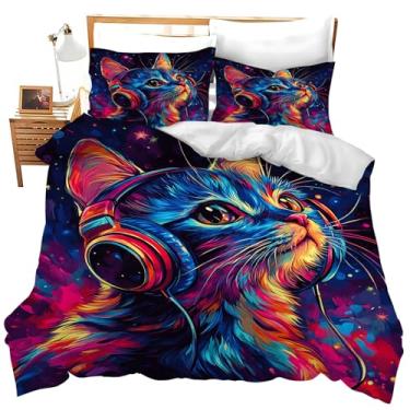 Imagem de jamie world Jogo de cama queen size para gatos para amantes de gatos, capa de edredom aconchegante, decorativo, macio, conjunto de cama com 2 fronhas para crianças e adultos