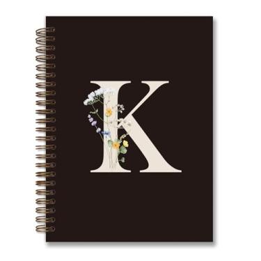 Imagem de foedor Caderno espiral de capa dura personalizado moderno, caderno preto com letra K, presentes com monograma para mulheres adolescentes, caderno espiral de capa dura pautado para faculdade, 14 x 21