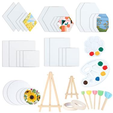 Imagem de PHUNTTEK 30 Pacotes de Telas para Pintura com Paletas Mini Cavaletes Esponjas, Painéis de Tela de Pintura A Granel para Aquarela A Óleo Hexágono Retângulo Redondo 8X10 Pequenas Placas de Tela Em Branc