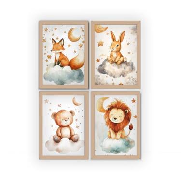 Imagem de Kit 4 quadros quarto de bebê, infantil, menino, menina nuvem (Preto)