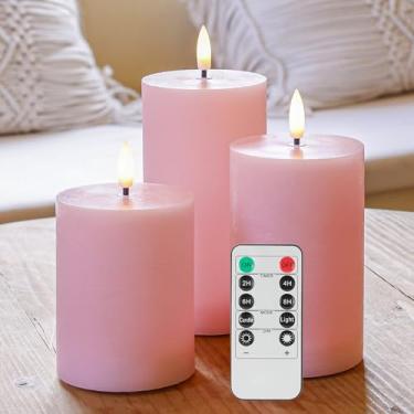 Imagem de AFINETH Velas de pilar rosa sem chama, velas de cera operadas por bateria com controle remoto, velas sem chama cintilantes de topo plano, velas de LED para casa, casamento, decoração de festa,