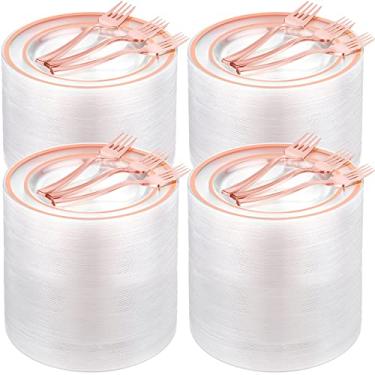 Imagem de Conjunto de pratos de sobremesa de plástico com 300 peças, 150 garfos e 150 pequenos pratos transparentes para bolo aro prato descartável redondo de plástico sobremesa prato de festa de 15,24 cm, prato de aperitivo para casamento (ouro rosa)