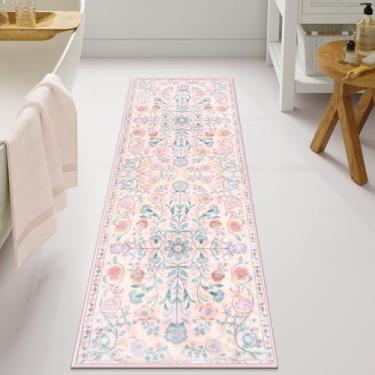 Imagem de Uphome Tapete de banheiro longo rosa boho tapetes de banheiro vintage macio luxuoso antiderrapante lavável à máquina bonito floral tapete de corredor de banho para chão, entrada, quarto, 51 x 152 cm