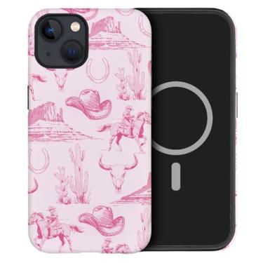Imagem de DAIZAG Capa compatível com iPhone 14, [compatível com MagSafe], capa protetora à prova de choque para meninas e mulheres - chapéu de cowboy rosa vintage cavalos cactos