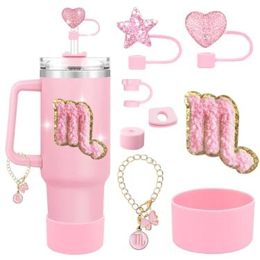 Imagem de RQYDYZMJ Conjunto de acessórios de copo de 8 peças, com uma corrente e pingente de constelação, adesivo de constelação e tampa de palha para copos Stanley de 850 g ou 1,134 g (rosa - escorpião)