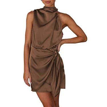 Imagem de PRETTYGARDEN Vestido feminino curto formal de cetim verão sem mangas gola redonda cintura coquetel vestidos de festa, Marrom escuro, GG