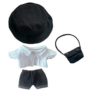 Imagem de niannyyhouse Roupa de boneca 20 cm (7,8 pol.) Chapéu de pelúcia + camisa + shorts + mochila conjunto de 4 peças para boneca Dressup chapéu pescador jeans camisa listrada (azul)