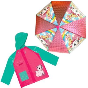 Imagem de Guarda Chuva Infantil  + Capa de Chuva da Gatinha Nini Rosa e Verde - 