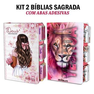 Imagem de Kit 2 Bíblia Sagrada Evangélica Com Índice Abas Adesivas - Flores Aqua
