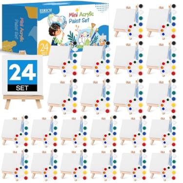 Imagem de ESRICH Conjunto de 24 mini kit de tinta acrílica, mini tela esticada com cavalete, presentes de dia dos namorados, tiras de tinta acrílica, paletas de tinta, pincéis de pintura, conjunto de lona e