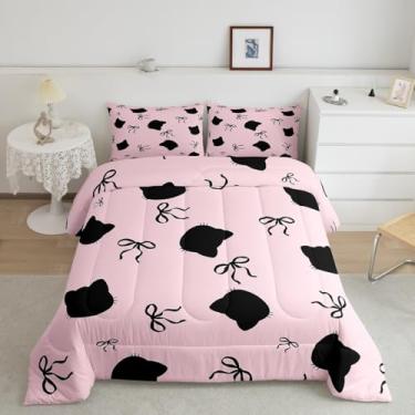 Imagem de jejeloiu Conjunto de cama com laço de fita, estampa de gato preto, para crianças, meninas, rosa, tamanho casal, conjunto de edredom para decoração de quarto, fofo, respirável, macio, 3 peças