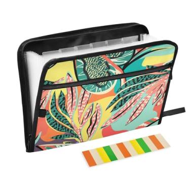 Imagem de ZZKKO Pasta de arquivo expansível com 13 bolsos, estampa de folhas tropicais com etiquetas, pasta sanfonada, organizador de documentos, tamanho carta A4, porta-arquivos expansível