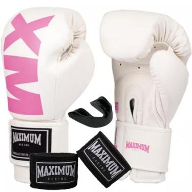 Imagem de Kit luva de boxe muay thai feminino mxm branco/rosa + bandagem 3m + pr