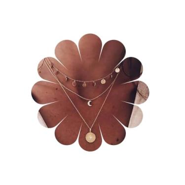 Imagem de Xduargs Colar Boho em camadas, sol, lua, vintage, lantejoulas, lua, colar dourado, gargantilha com sol celestial, multicamadas, sol, lua, corrente para mulheres, Zinco, Sem Pedra Preciosa