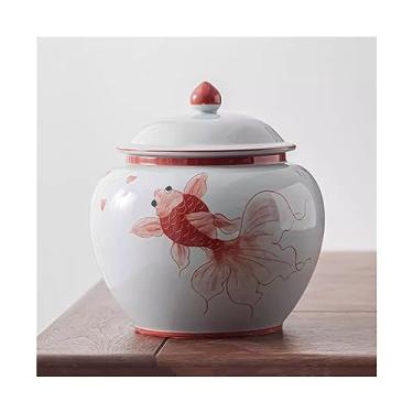 Imagem de Lata de Chá Vasilhas de chá Koi pintadas à mão sob o vidrado Frasco de vedação de cor Grandes vasilhas vazias chinesas multifuncionais para uso doméstico Lata de Chá(Red,Grande)