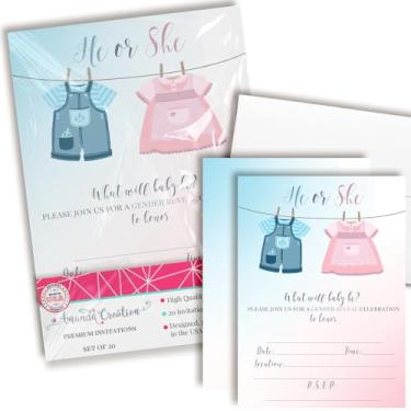 Imagem de He or She Gender Reveal Convitations with Baby Clothesline Design - 20 cartões de preenchimento 5x7 com envelopes - Convites fofos para chá de bebê para meninos ou meninas por AmandaCreation